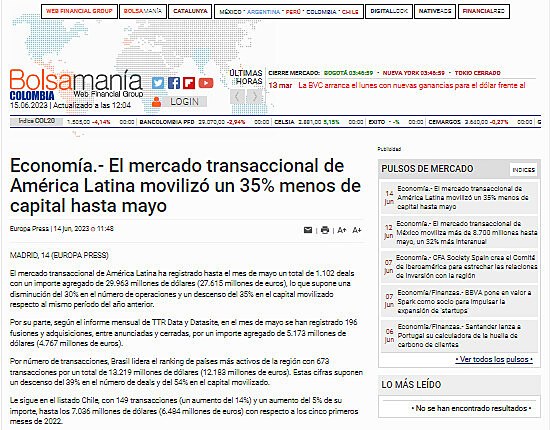 Economa.- El mercado transaccional de Amrica Latina moviliz un 35% menos de capital hasta mayo